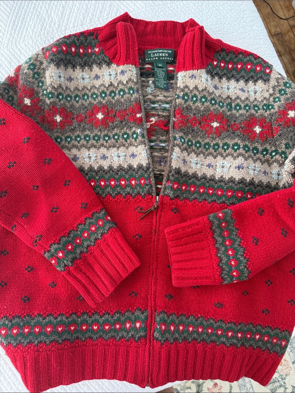Lauren Ralph Lauren Red Fair Isle Zip Cardigan Sweater
